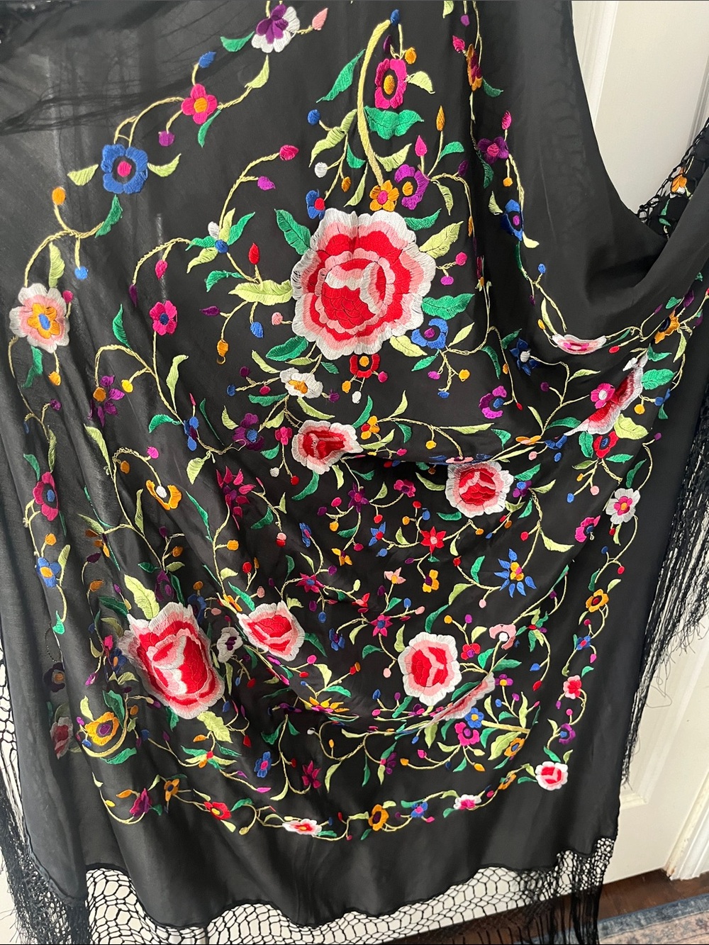 Silk scarf vintage Embroidered Floral Fringe Shawl, Large- Black - Picture 3 of 5